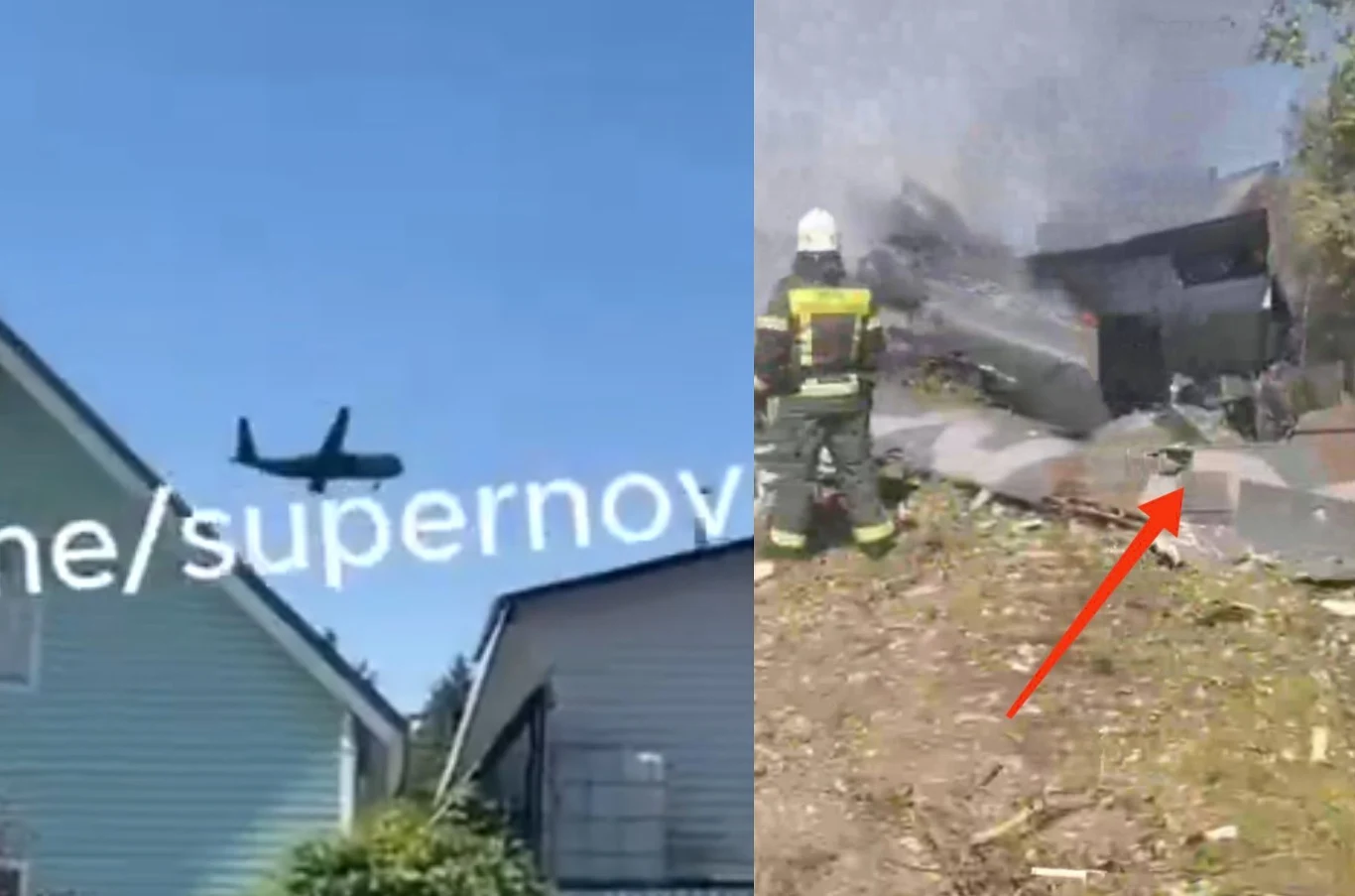 Rosyjski superdron Altius-RU znów nie dał rady. Druga katastrofa w ciągu tygodnia Po lewej stronie niski lot dużego samolotu transportowego nad zabudowaniami mieszkalnymi, po prawej miejscu katastrofy z widocznymi szczątkami rozbitego samolotu, strażakiem w mundurze oraz dymem unoszącym się w powietrzu.
