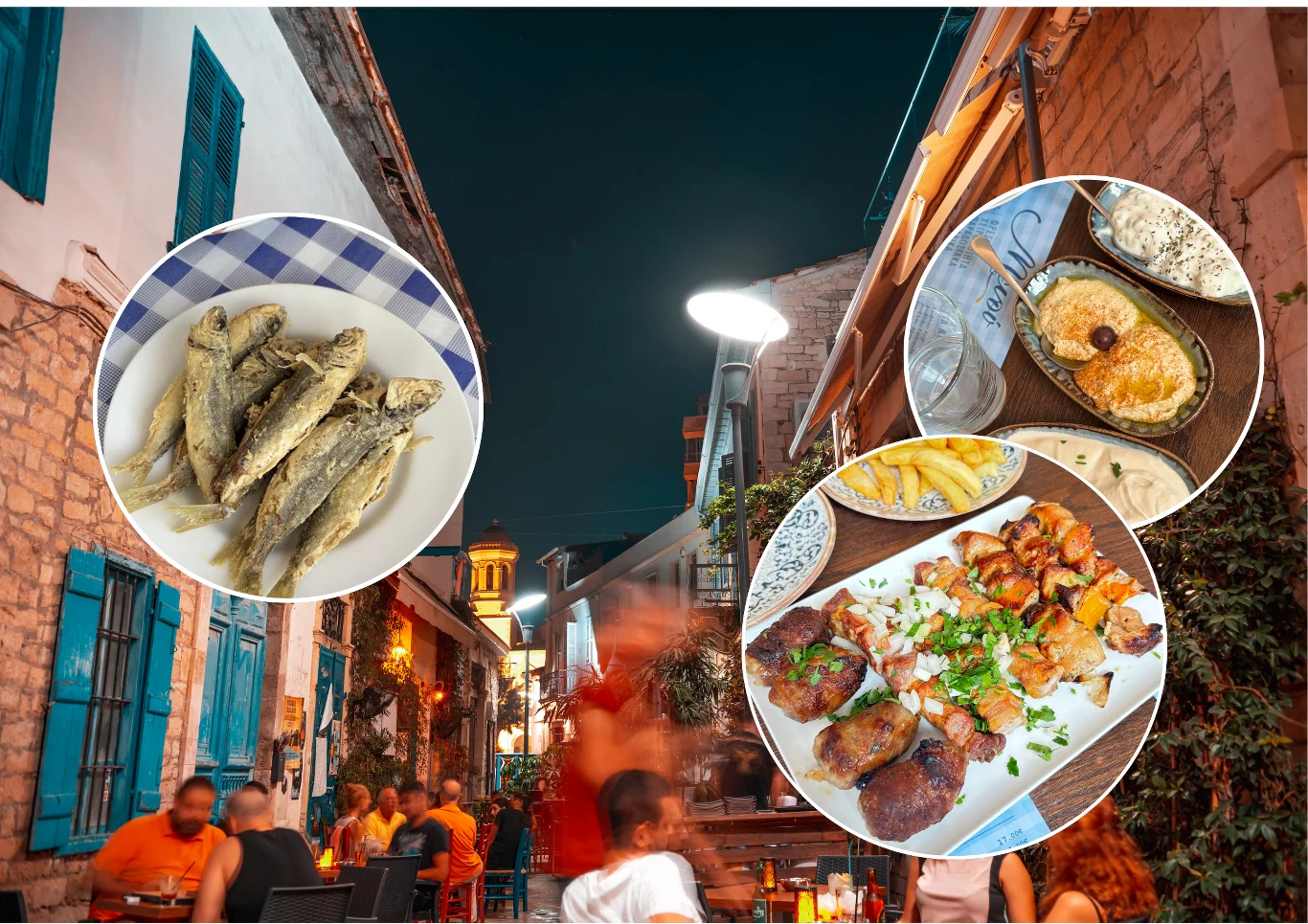 Nikt nie odejdzie od stołu głodny Malownicza restauracja na uliczce wśród kamienic z niebieskimi okiennicami, wieczorna atmosfera z ludźmi siedzącymi przy stolikach, trzy wstawki przedstawiają lokalne potrawy: smażone ryby, zestaw grillowanego mięsa oraz pasta z pieczywem.