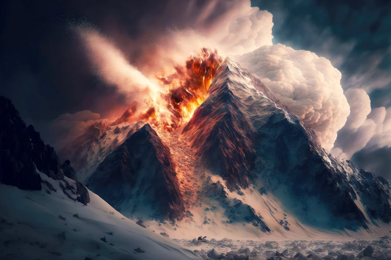 Lodowce topnieją. Uśpione wulkany mogą wybuchnąć Wybuchający wulkan wyrzucający lawę i popiół otoczony śnieżnymi zboczami gór, z dramatycznymi chmurami unoszącymi się wokół szczytu.