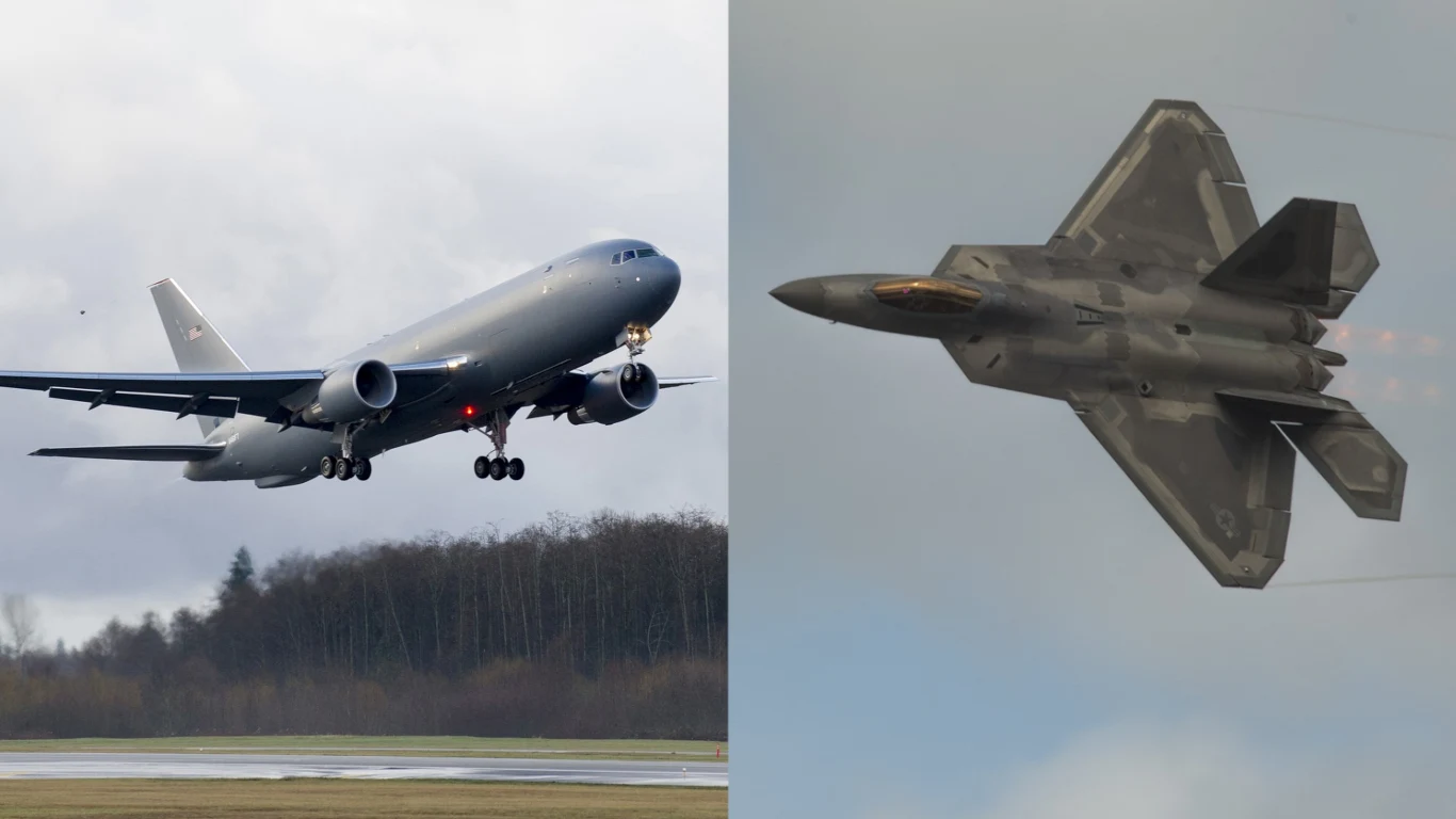 Groźny incydent podczas tankowania w powietrzu myśliwca F-22 Raptor. Tankowiec KC-46 stracił wysięgnik Po lewej stronie lądujący wojskowy samolot transportowy na tle pasma drzew, po prawej stronie myśliwiec odrzutowy w locie, oba samoloty w powietrzu na tle pochmurnego nieba.