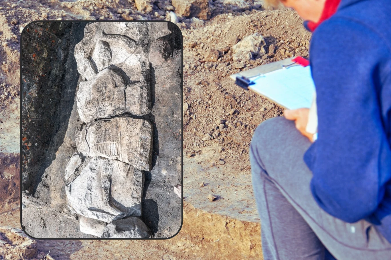 Archeolodzy odkryli w Gdańsku wyjątkową płytę nagrobną z wizerunkiem rycerza. Wiele wskazuje na to, że to element pochówku ważnej osobistości. Zdj. ilustracyjne. Archeolog sporządzający notatki przy wykopie, w którym odkryto ułożone kości dinozaura.