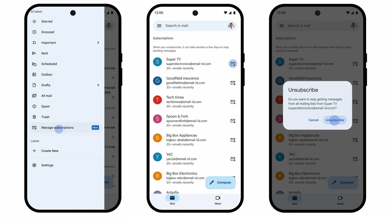 Zarządzanie subskrypcjami w Gmailu. Google w końcu rozwiązało irytujący problem Interfejs aplikacji pocztowej na smartfonie z widoczną listą folderów po lewej stronie, widokiem subskrypcji e-maili w środku oraz wyskakującym oknem potwierdzającym rezygnację z subskrypcji po prawej stronie.