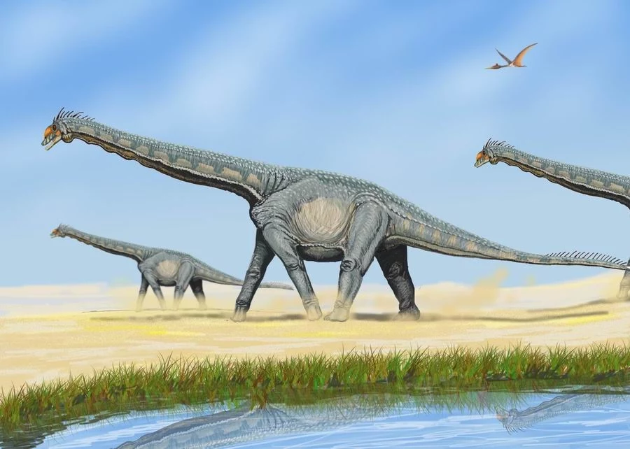Alamozaury z Ameryki Północnej - przedstawiciele tytanozaurów Trzy wielkie dinozaury roślinożerne poruszające się po suchym, pustynnym terenie z zieloną roślinnością przy płytkiej wodzie, na niebie widoczny latający pterozaur.