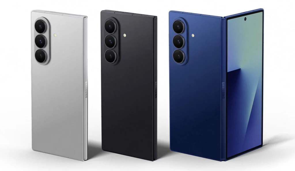 Samsung Galaxy Z Fold 7 jest dostępny w trzech kolorach. Nowoczesne smartfony w trzech kolorach: srebrnym, czarnym i niebieskim, ustawione obok siebie, model z prawej strony prezentuje rozłożony ekran dotykowy.