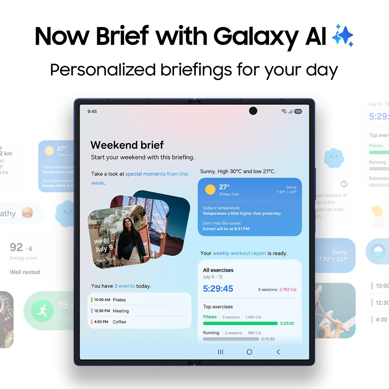 Tablet prezentujący funkcję spersonalizowanej odprawy dnia zasilanej przez Galaxy AI, ekran podzielony na sekcje ukazujące prognozę pogody, plan zajęć oraz zdjęcia, na których widoczne są osoby podczas aktywności sportowych.