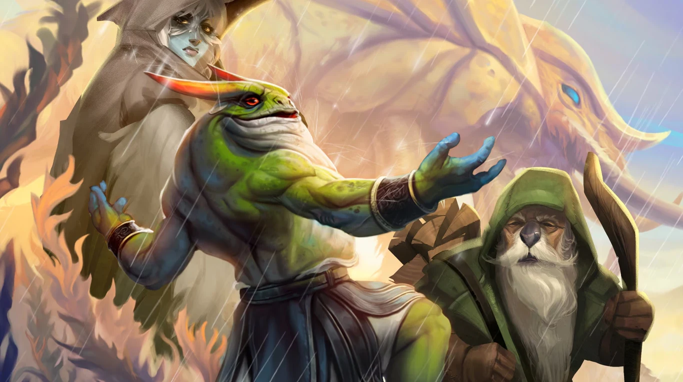 Against the Storm Fantastyczna scena przedstawiająca zielonego, antropomorficznego stwora wykonującego gest zaproszenia lub magii, postać o kocich rysach w zielonej pelerynie z kijem, zamglona postać w tle oraz eteryczny, żółty smok na niebie.