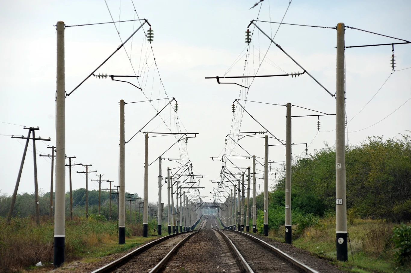 Tory kolejowe na trasie Odessa - Lwów Tory kolejowe rozciągające się w dal, otoczone słupami trakcyjnymi i zielenią po obu stronach, widoczne napięcie elektryczne nad torami oraz równoległe słupy linii energetycznej.