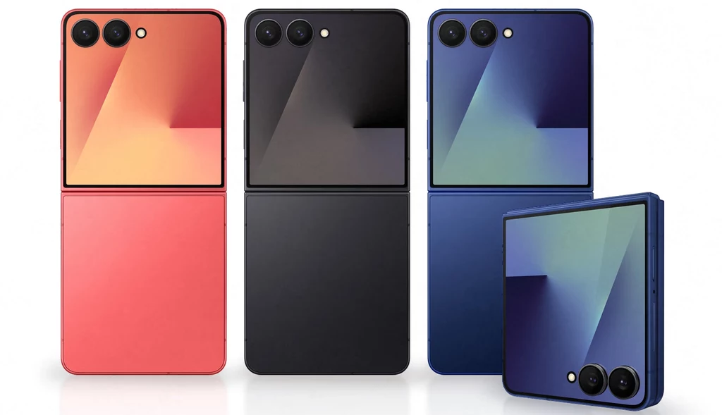 Składany smartfon Samsung Galaxy Z Flip 7. Trzy składane smartfony ustawione pionowo obok siebie w kolorach czerwonym, czarnym i niebieskim oraz jeden smartfon w kolorze niebieskim złożony, widoczne dwa tylne aparaty na każdym urządzeniu.