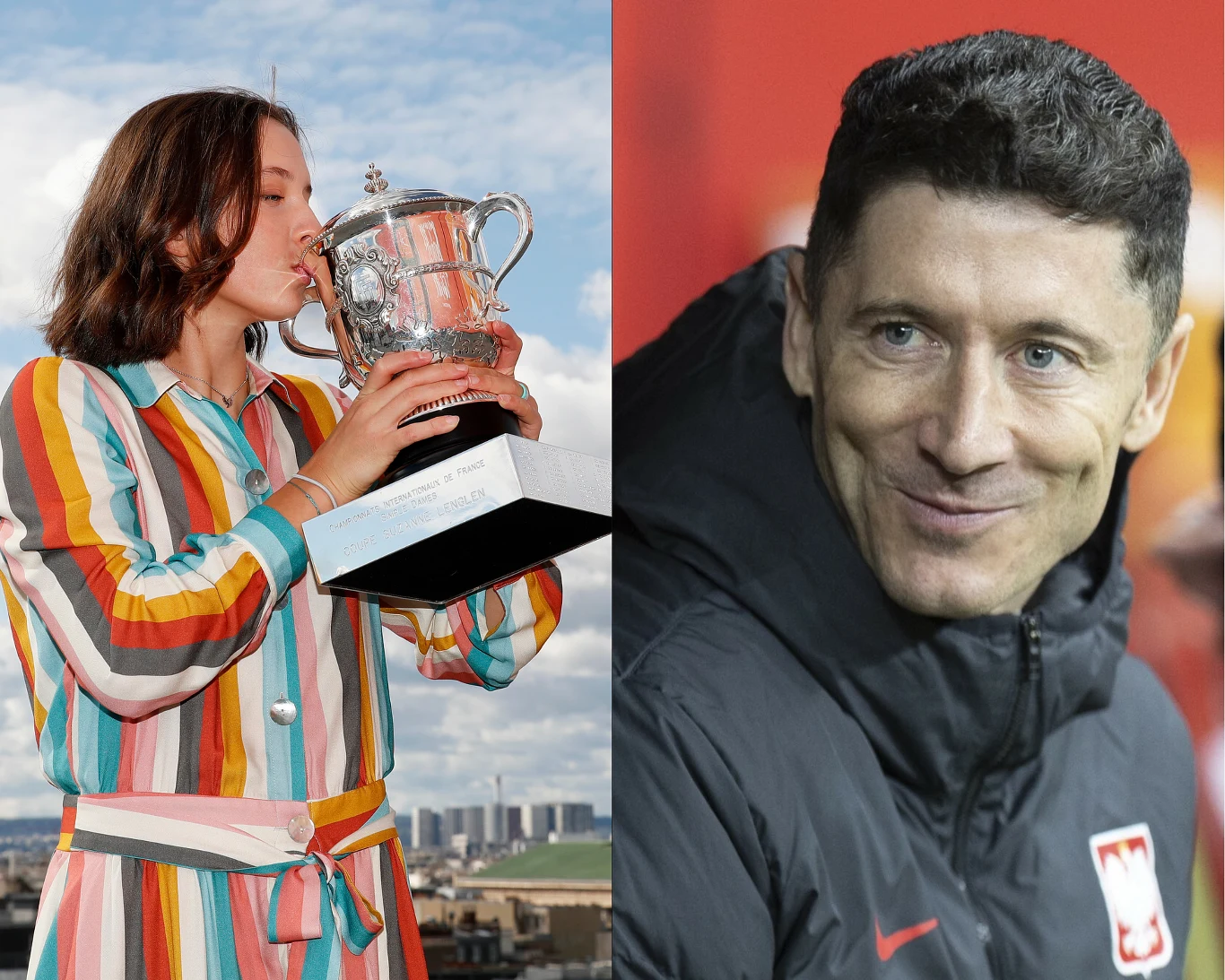 Iga Świątek i Robert Lewandowski Kobieta w kolorowym stroju całuje srebrny puchar sportowy na tle nieba i miasta, obok mężczyzna w kurtce z godłem Polski uśmiecha się, mając na sobie sportową odzież.