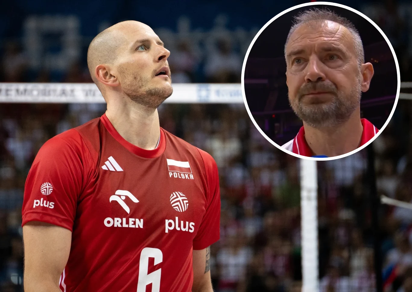 Nikola Grbić zamierza czekać na Bartosza Kurka. Ma nadzieję, że gwiazda kadry wróci na MŚ Siatkarz w czerwonym stroju reprezentacji Polski z numerem 6 podczas meczu na hali sportowej, w tle widoczna publiczność oraz fragment siatki do siatkówki; w okrągłym wstawieniu portret mężczyzny w średnim wieku z poważnym wyrazem twarzy.