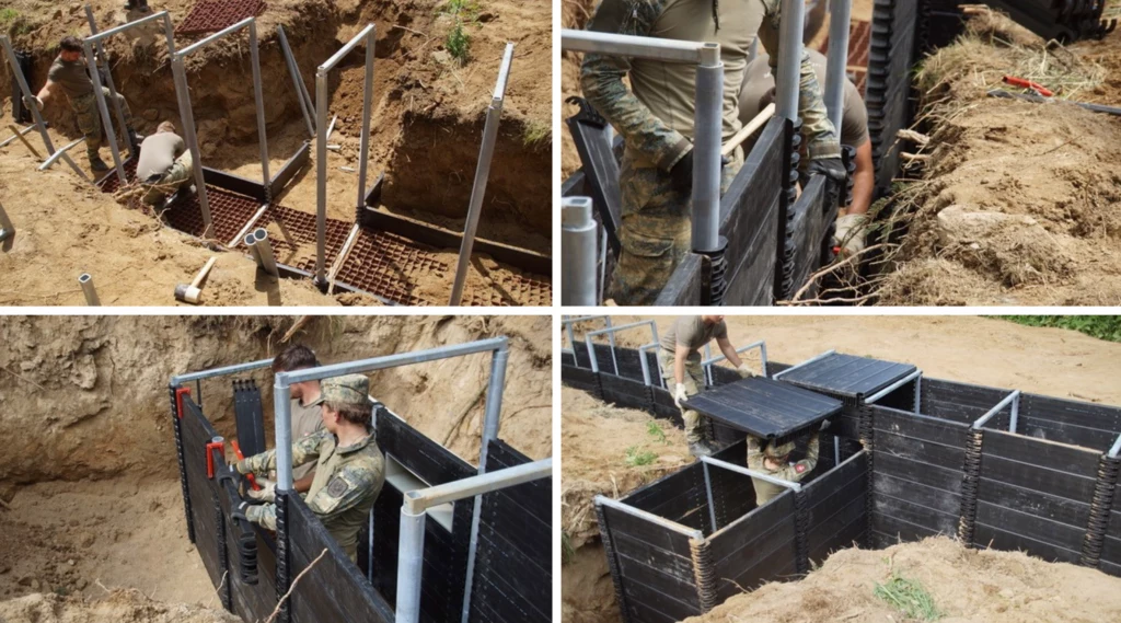 Lekkie, szybkie w montażu i wielokrotnego użytku. Niemcy testują plastikowe okopy Żołnierze w mundurach wojskowych montują elementy metalowe i płyty, tworząc konstrukcję okopów oraz stanowisk w wykopanej ziemi. Prace prowadzone są w kilku etapach, pokazane z różnych perspektyw.