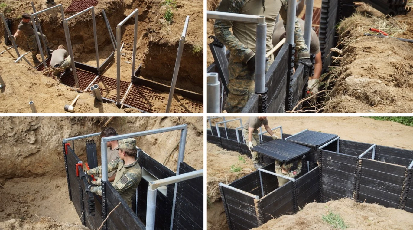 Żołnierze w mundurach wojskowych montują elementy metalowe i płyty, tworząc konstrukcję okopów oraz stanowisk w wykopanej ziemi. Prace prowadzone są w kilku etapach, pokazane z różnych perspektyw.