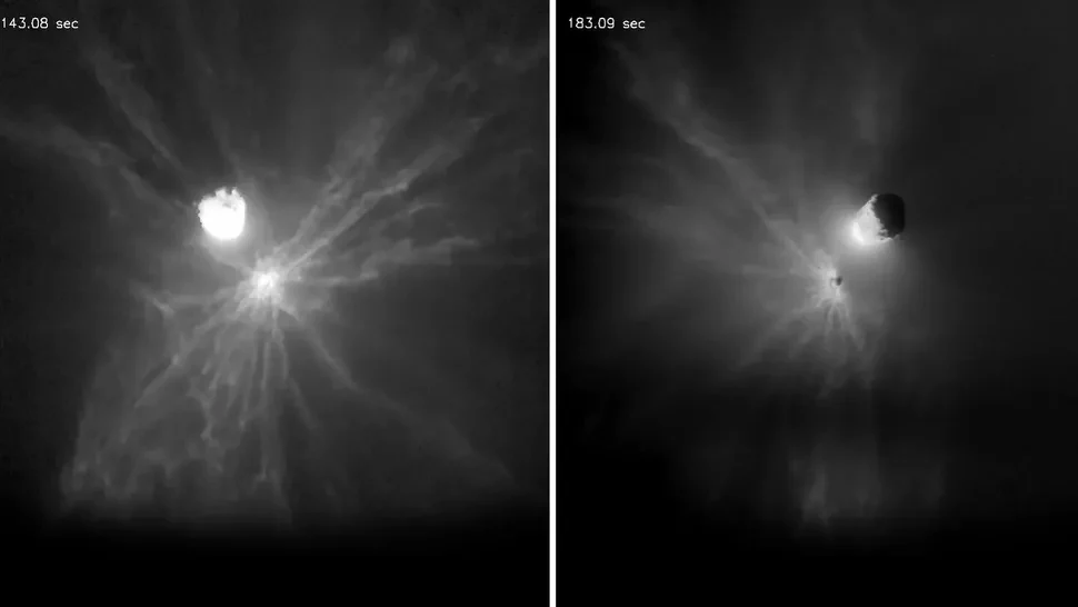 Zdjęcia zrobione niedługo po uderzeniu sondy DART w asteroidę Dimorphos. Czarnobiały zapis dwóch momentów kosmicznego zderzenia widocznego jako jasne eksplozje i promieniście rozchodzące się wzory pyłu i szczątków na tle ciemnej przestrzeni, u góry pokazany czas trwania zjawiska w sekundach.