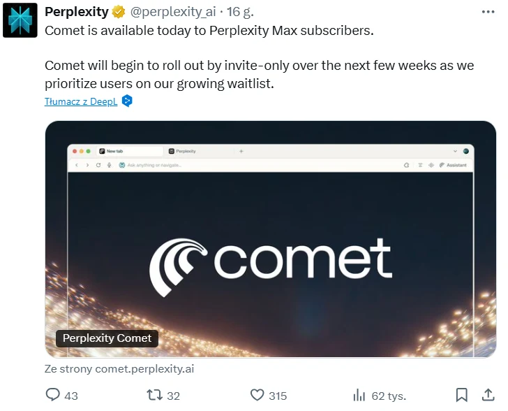 Przeglądarka Comet jest już dostępna dla użytkowników Perplexity Max. Grafika ekranu przeglądarki internetowej z wyeksponowanym logo Comet oraz nazwą usługi widoczną na tle czarnego ekranu, dolną część strony zdobią świetliste efekty świetlne, na górze zrzutu ekranowego pasek adresu przeglądarki.