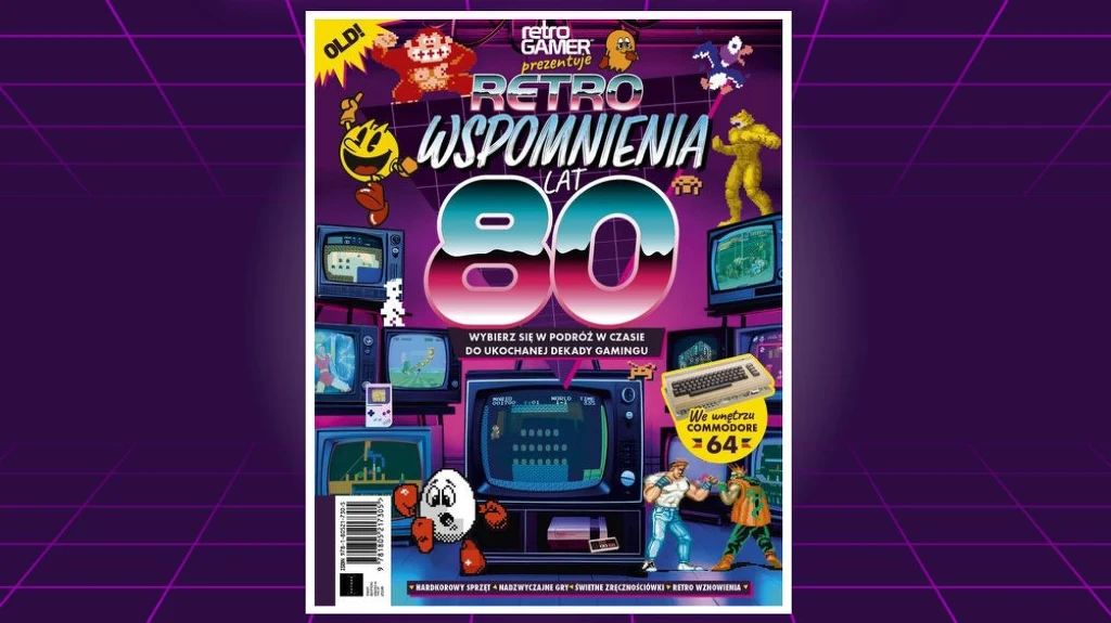Okładka magazynu prezentująca motywy retro związane z latami 80., z ikonicznymi postaciami popkultury i gier komputerowych, kolorową grafiką, telewizorami oraz klasycznym komputerem Commodore 64, wszystko utrzymane w stylu neonowym.