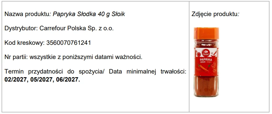 Sieć sklepów Carrefour wycofuje ze sprzedaży paprykę w proszku Mały plastikowy słoik z czerwoną przyprawą opisaną jako papryka słodka, opakowanie zamknięte z wyraźnie widoczną etykietą oraz nazwą produktu.