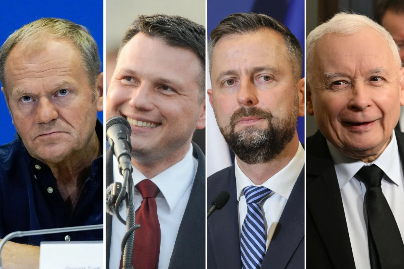 Nowy sondaż parlamentarny daje szansę na utworzenie stabilnej większość przez PiS i Konfederację Cztery portrety mężczyzn w średnim wieku i starszych, wykonane w różnych sytuacjach, ujęte w kolażu. Każdy z nich ma odmienne wyrazy twarzy i styl ubioru – od stonowanego garnituru po swobodną koszulę.