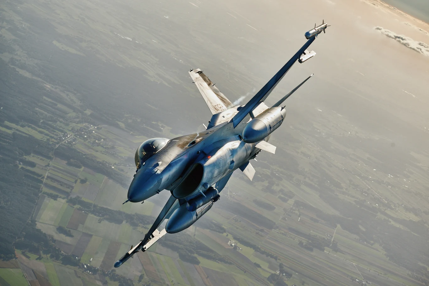 Polski myśliwiec F-16 w locie nad zielonymi polami, widoczny z góry, dobrze widoczne oświetlenie i kształt kadłuba.