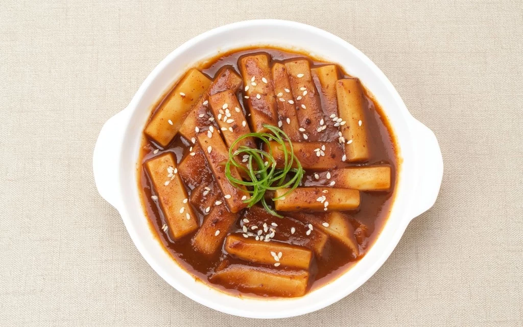Pasta gochujang doskonale sprawdza się zarówno w klasycznych daniach kuchni koreańskiej, jak i w kulinarnych eksperymentach Porcja koreańskich klusek ryżowych w pikantnym sosie, posypanych prażonym sezamem i udekorowanych plasterkami zielonej cebulki, podana na jasnym talerzu.