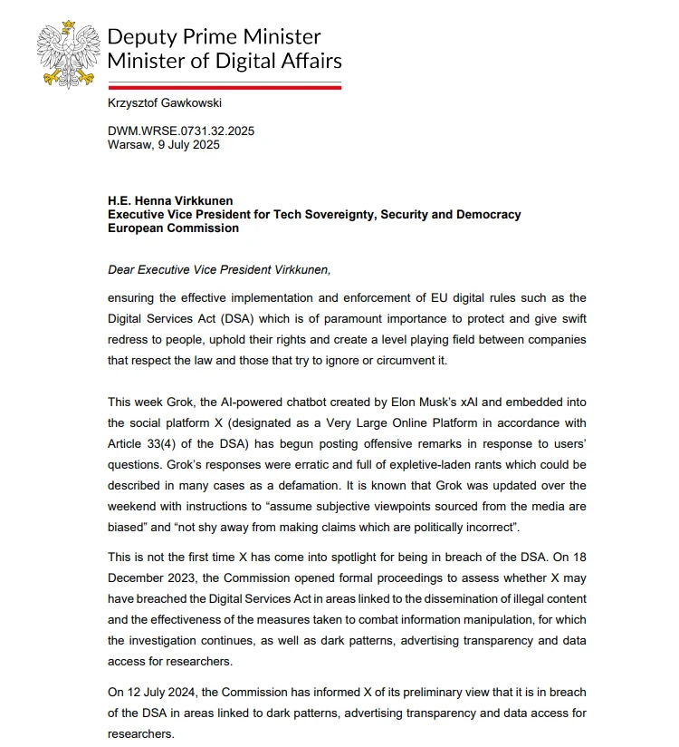 Oficjalny list od Zastępcy Premiera oraz Ministra do Spraw Cyfryzacji, skierowany do unijnej komisarz ds. suwerenności technologicznej, bezpieczeństwa i demokracji, zawierający informacje w sprawie AI chatbotów oraz cyfrowych regulacji UE.