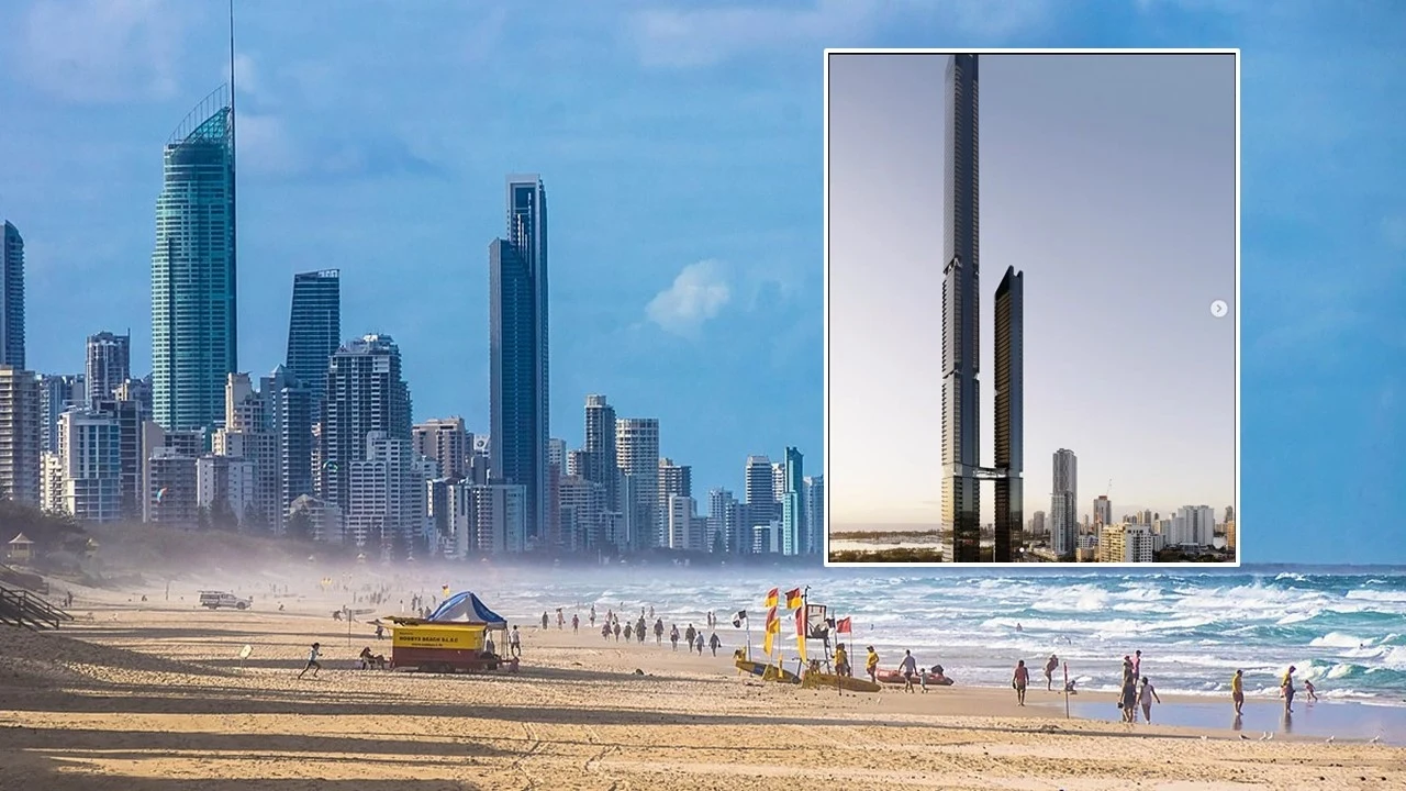 Australijski rekord: Nowy wieżowiec sięgnie prawie 400 m Plaża ze złotym piaskiem i falami oceanu, w tle nowoczesna panorama wysokich wieżowców oraz punkt ratowniczy i spacerujący ludzie, w prawym górnym rogu wstawione zdjęcie koncepcyjne wieży, prawdopodobnie projektowanej do tej lokalizacji.