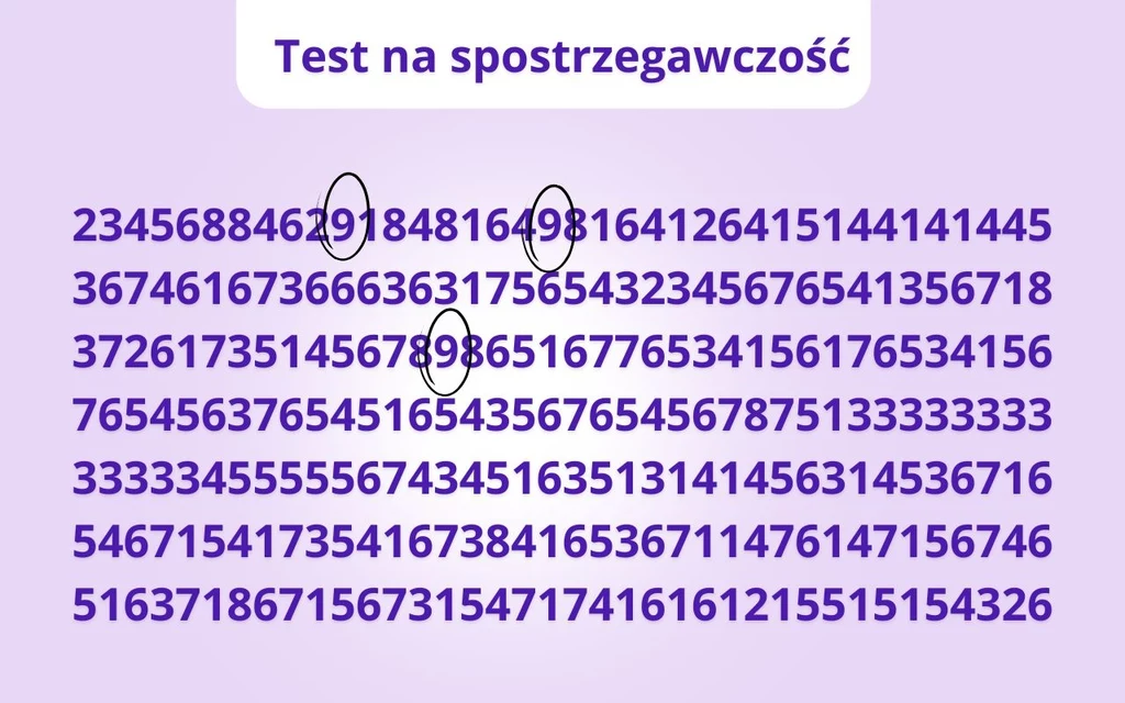Prawidłowe rozwiązanie Tablica z rzędami cyfr, w których zaznaczono kółkiem cyfry różniące się od pozostałych w danym ciągu, na górze napis 'Test na spostrzegawczość'.