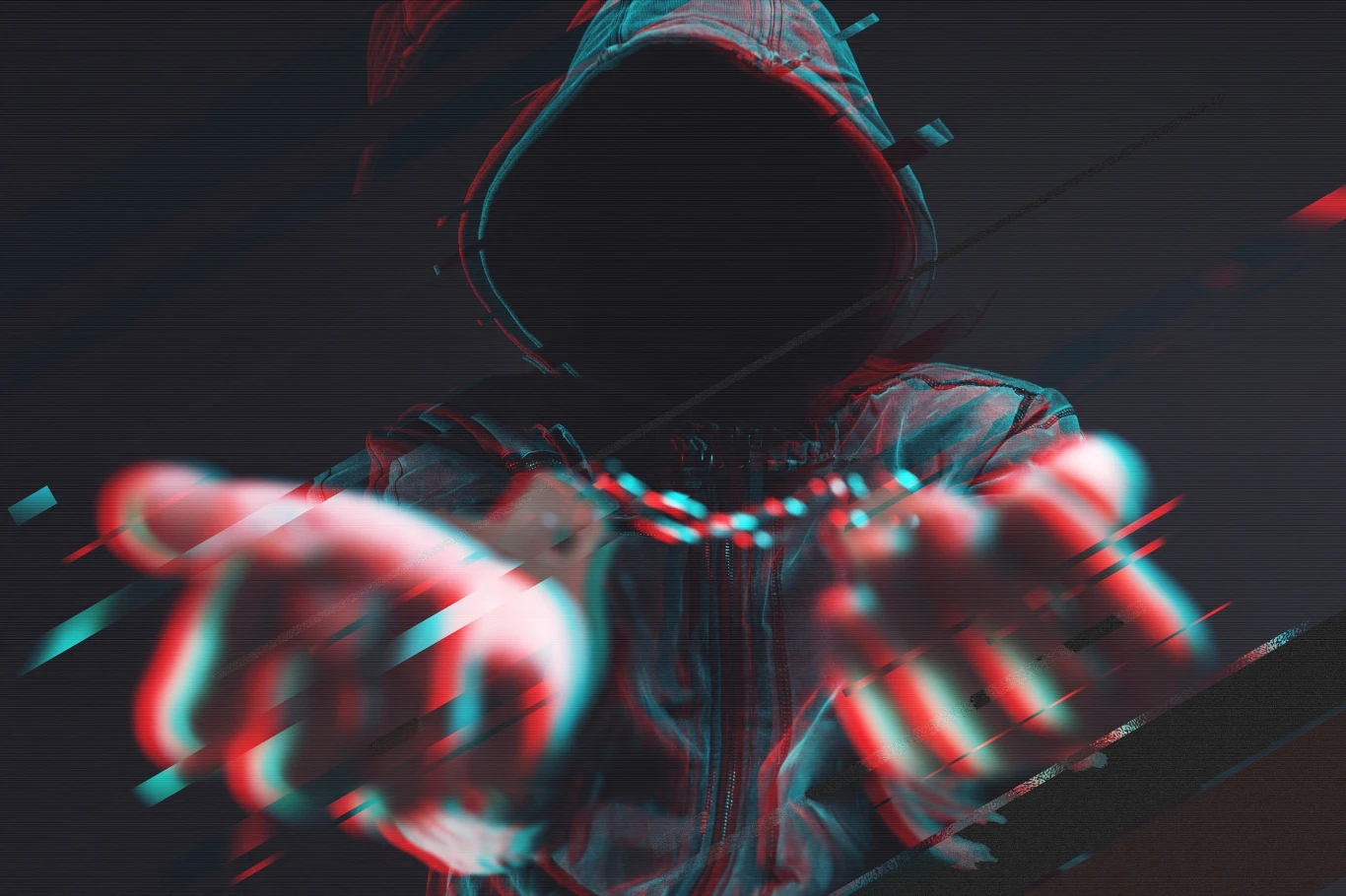 Zdjęcie ilustracyjne Postać w ciemnej, zakapturzonej bluzie z niewidoczną twarzą, wyciąga ręce do przodu, a całości towarzyszy efekt rozmycia i glitch, co potęguje wrażenie tajemniczości i niepokoju.