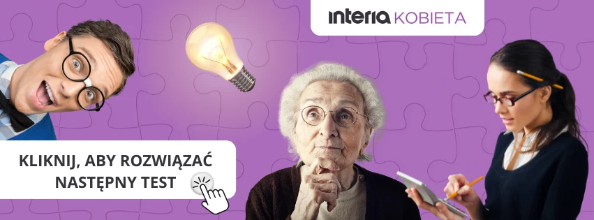 Kliknij obrazek i sprawdź pozostałe łamigłówki Starsza kobieta w okularach trzyma rękę przy brodzie w zamyśleniu, po lewej stronie mężczyzna w okularach patrzy się z uśmiechem, po prawej kobieta z długimi włosami w okularach analizuje coś na tablecie, nad nimi żarówka symbolizująca pomysł, w tle fi...