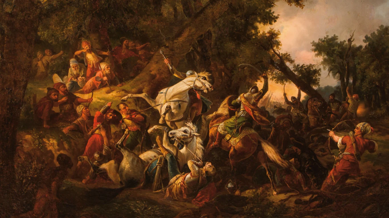 Scena bitewna w lesie, grupa uzbrojonych jeźdźców walczy z pieszymi, chaos walki podkreślony gwałtownymi gestami oraz dynamicznymi pozami postaci na tle gęstych drzew i rozświetlonego nieba.