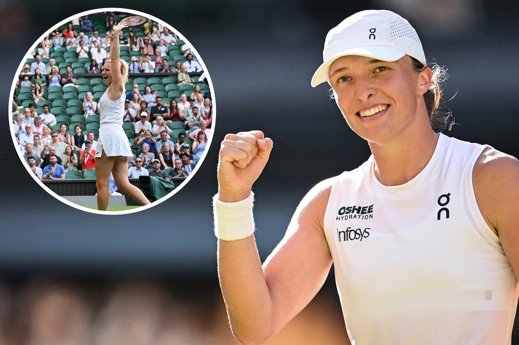 Iga Świątek i Katerina Siniakova cieszą się ze swoich czwartkowych zwycięstw na Wimbledonie Zawodniczka tenisowa ubrana w biały strój świętuje zwycięstwo, unosząc pięść w górę i z szerokim uśmiechem na twarzy. Na mniejszym wstawionym zdjęciu widać ją z rakietą uniesioną triumfalnie nad głową na tle widowni na stadionie.