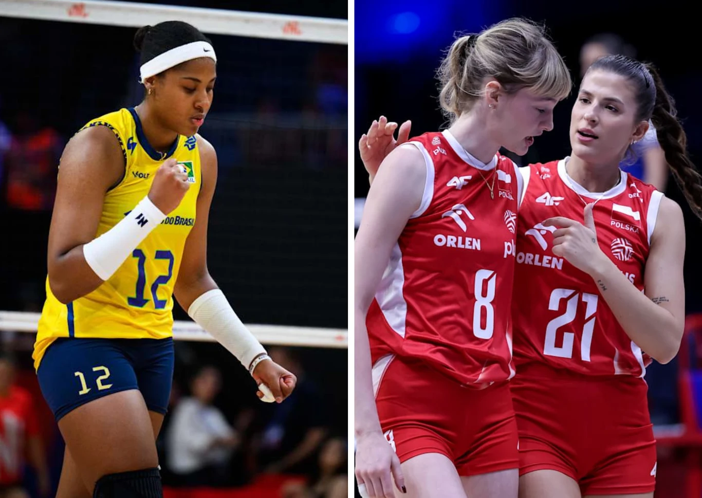 Liga Narodów siatkarek. W meczu Polska - Brazylia zabraknie Any Cristiny (na zdjęciu z lewej) Siatkarka w żółtym stroju z numerem 12 przygotowuje się do kolejnej akcji podczas meczu, na drugim ujęciu dwie zawodniczki w czerwonych strojach, z numerami 8 i 21, omawiają taktykę na boisku.