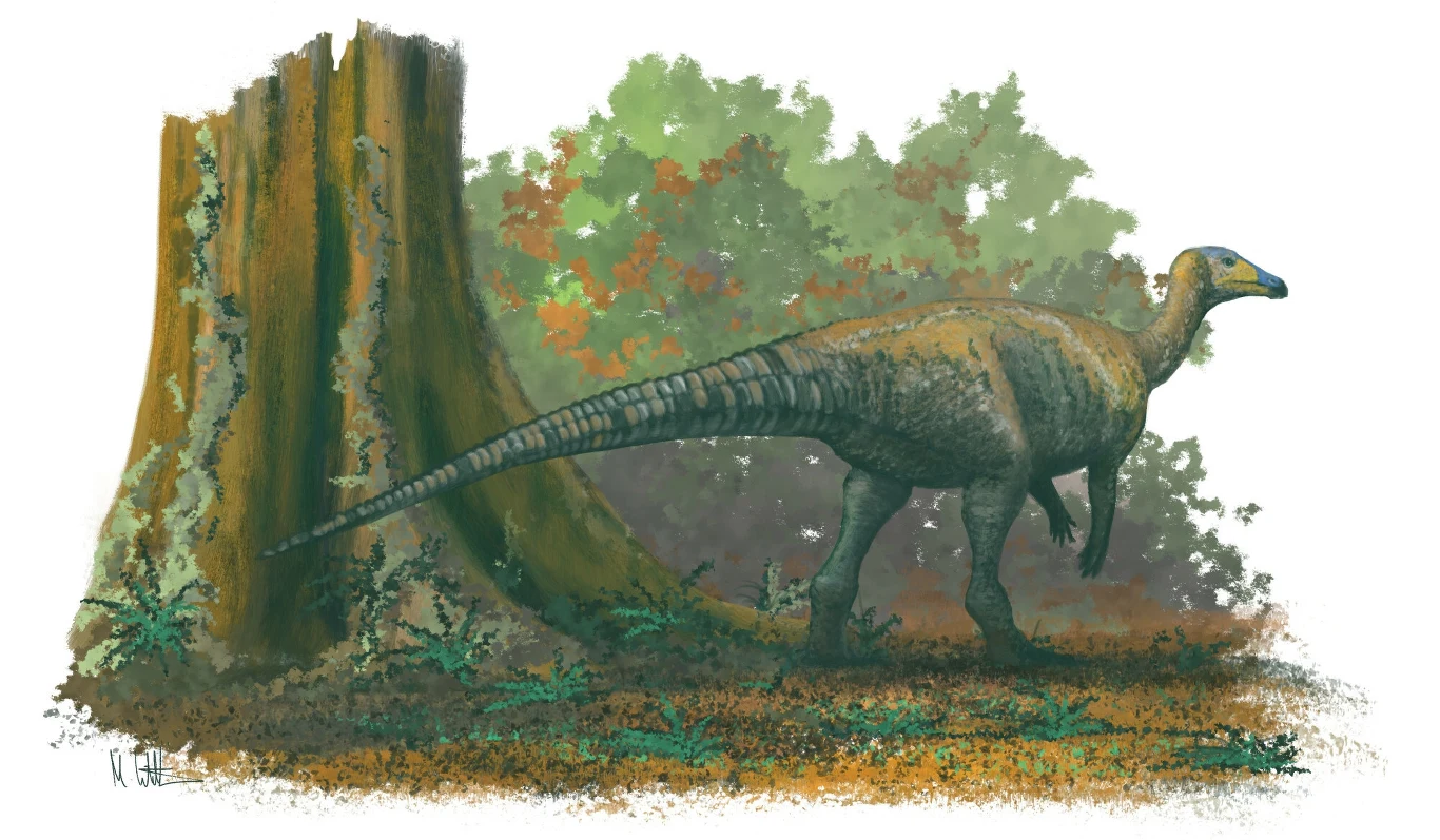 Dinozaur poruszający się po porośniętej roślinnością leśnej polanie, obok dużego pnia drzewa, w tle gęste zarośla i drzewa.