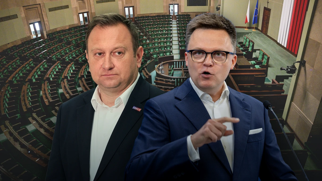 Tomasz Trela (po lewej, fot. Mateusz Grochocki/East News), Szymon Hołownia (po prawej, fot. Stach Antkowiak/EastNews), w tle sala sejmowa, fot. Jacek Slomion/REPORTER Dwóch mężczyzn w garniturach stoi na tle pustej sali posiedzeń sejmu, jeden z nich gestykuluje ręką, obok widoczne flagi Polski i Unii Europejskiej.