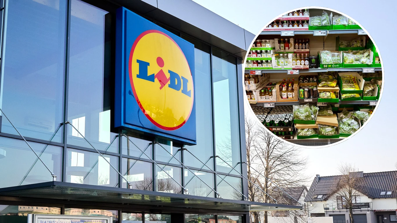 Kontrowersyjna ekspozycja w Lidlu została usunięta Logo sieci sklepów Lidl na szklanej elewacji budynku, obok wstawka z półkami sklepowymi z produktami spożywczymi i warzywami.