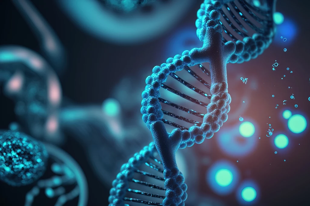 Struktura helisy DNA w powiększeniu, otoczona jasnymi, błękitnymi światłami i cząsteczkami w tle, ukazująca szczegóły budowy materiału genetycznego.