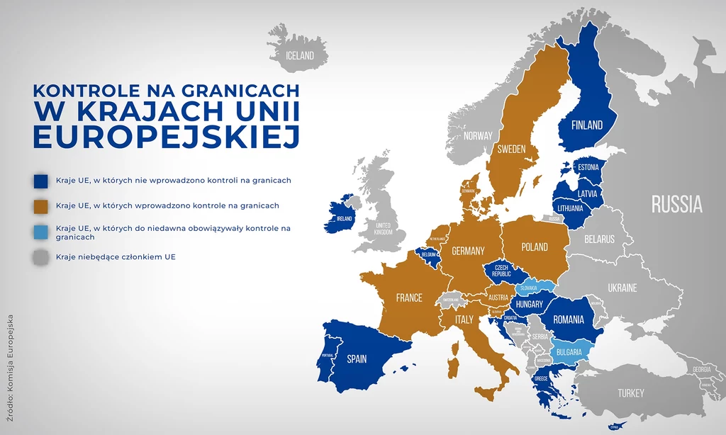 Już jedna trzecia państw UE częściowo lub całkowicie przywróciła kontrole na wewnętrznych granicach Unii Mapa Europy przedstawiająca kontrolę na granicach w państwach Unii Europejskiej. Kraje zostały oznaczone kolorami według obecności lub braku kontroli granicznych oraz przynależności do UE.