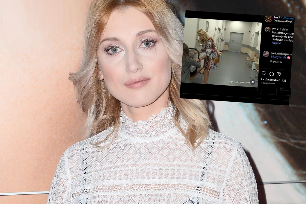 2 tygodnie od ślubu, a tu Justyna Żyła znowu zaskoczyła nowiną /https://www.instagram.com/tvn.7/ Młoda kobieta o blond włosach w koronkowej, białej sukience na tle dużego portretu twarzy, w górnej części zdjęcia widoczne jest okno z mediów społecznościowych prezentujące scenę ze szpitala lub przychodni.