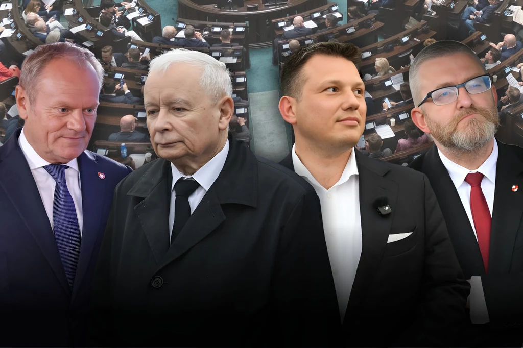 Od lewej: Donald Tusk, Jarosław Kaczyński, Sławomir Mentzen, Grzegorz Braun