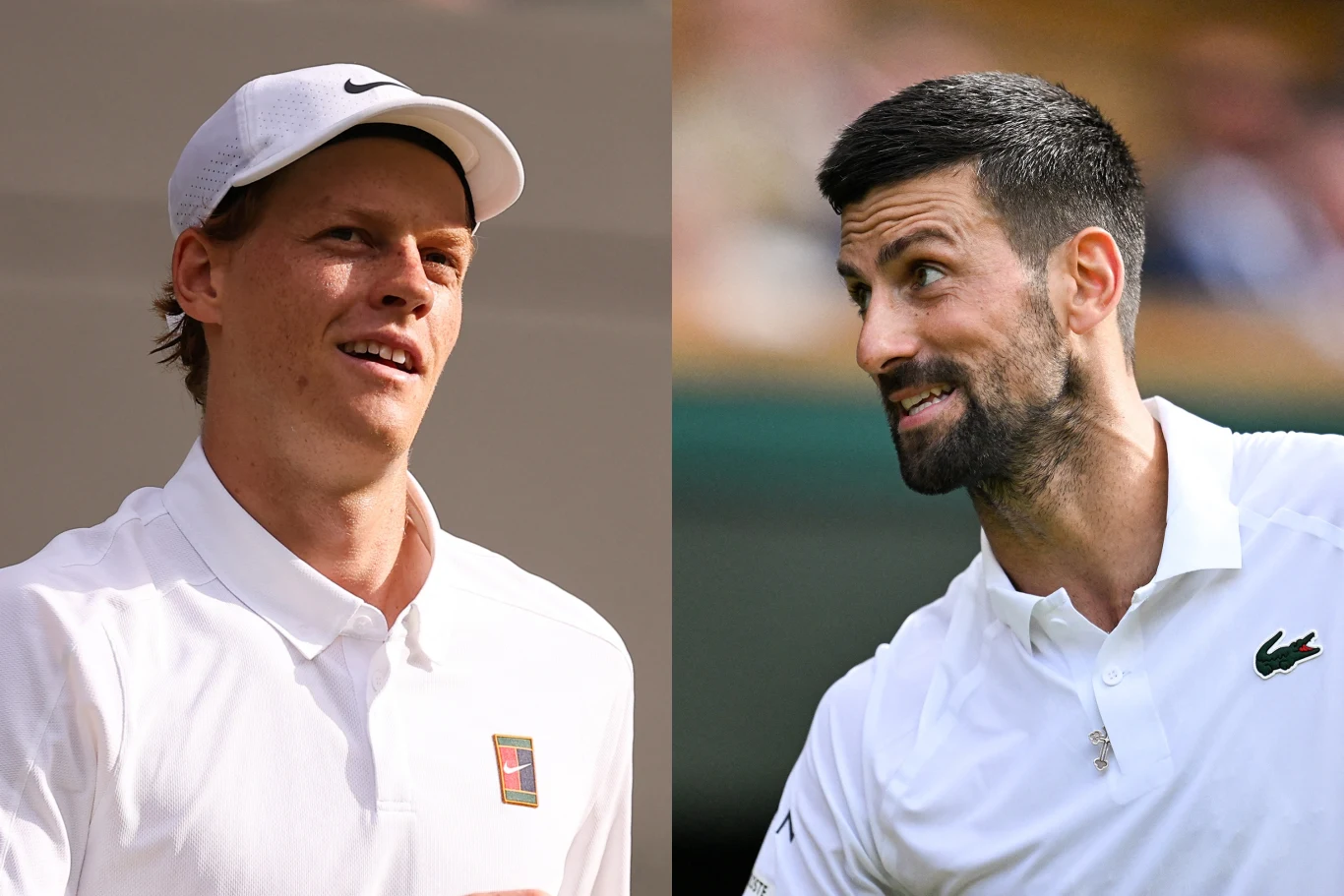 Dwie osoby ubrane w białe stroje sportowe, stojące na tle neutralnego, rozmytego tła, skierowane twarzami w stronę kamery, wyrażające pozytywne emocje