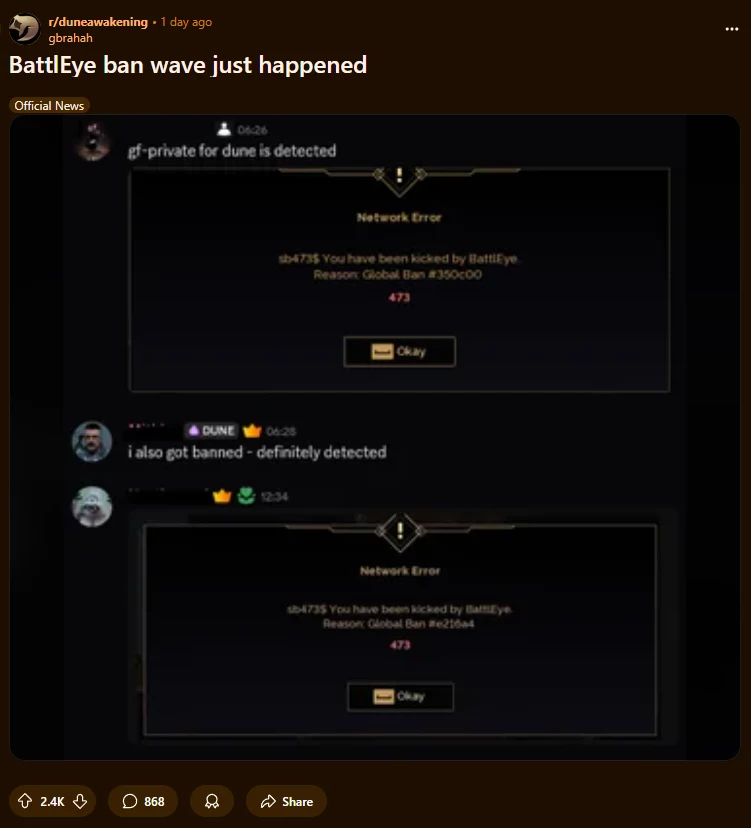 Dwa zrzuty ekranu z komunikatami o globalnym zbanowaniu gracza przez system BattlEye w grze oraz dyskusja na forum internetowym na ten temat.