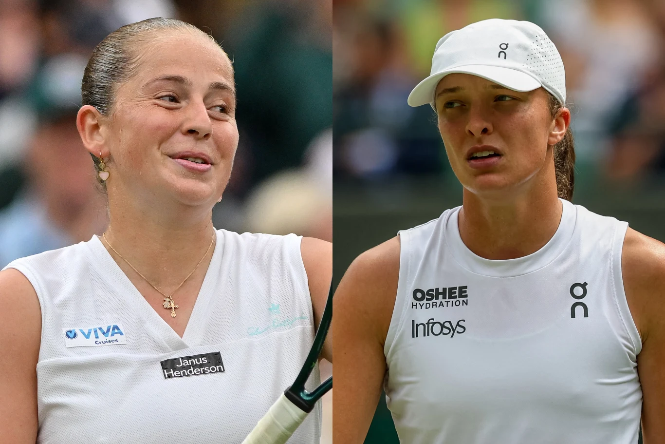 Jelena Ostapenko i Iga Świątek Dwie tenisistki ubrane w białe stroje sportowe, po lewej stronie zawodniczka uśmiechnięta trzymająca rakietę, po prawej stronie druga zawodniczka skupiona w białej czapce z daszkiem, obie na tle rozmytego kortu.