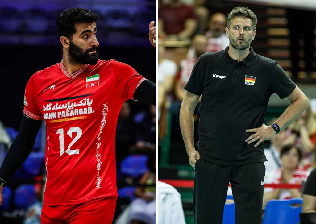 Amirhossein Esfandiar (L) ostatnio błysnął w meczu z drużyną Michała Winiarskiego (P) Dwóch mężczyzn oddzielonych pionową linią, po lewej sportowiec w czerwonym stroju z numerem 12 oraz flagą Iranu, po prawej mężczyzna w czarnej koszulce z flagą Niemiec, stojący na tle trybun.