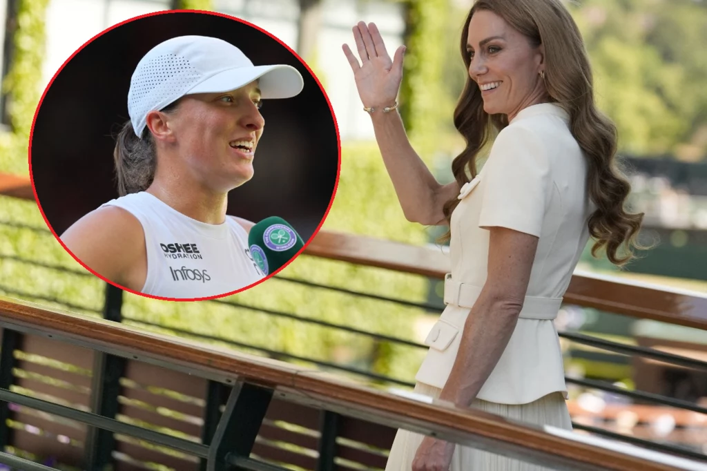 Iga Świątek, Księżna Kate Po lewej stronie twarzą ukazana kobieta w sportowym stroju i czapce z daszkiem, obok w kółku uśmiechnięta kobieta w eleganckim jasnym stroju, unosząca dłoń w geście powitania.