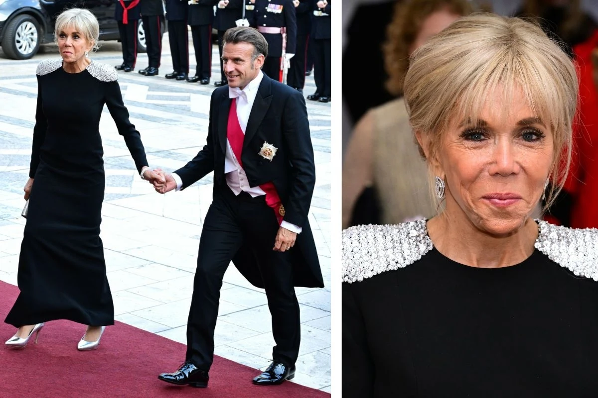 Bankiet w Guildhall: Brigitte i Emmanuel Macron Kobieta w czarnej, eleganckiej sukni z ozdobnymi ramionami idzie z uśmiechniętym mężczyzną w smokingu z czerwonym pasem i orderami po czerwonym dywanie; zbliżenie na kobietę podkreśla jej elegancję oraz biżuterię.