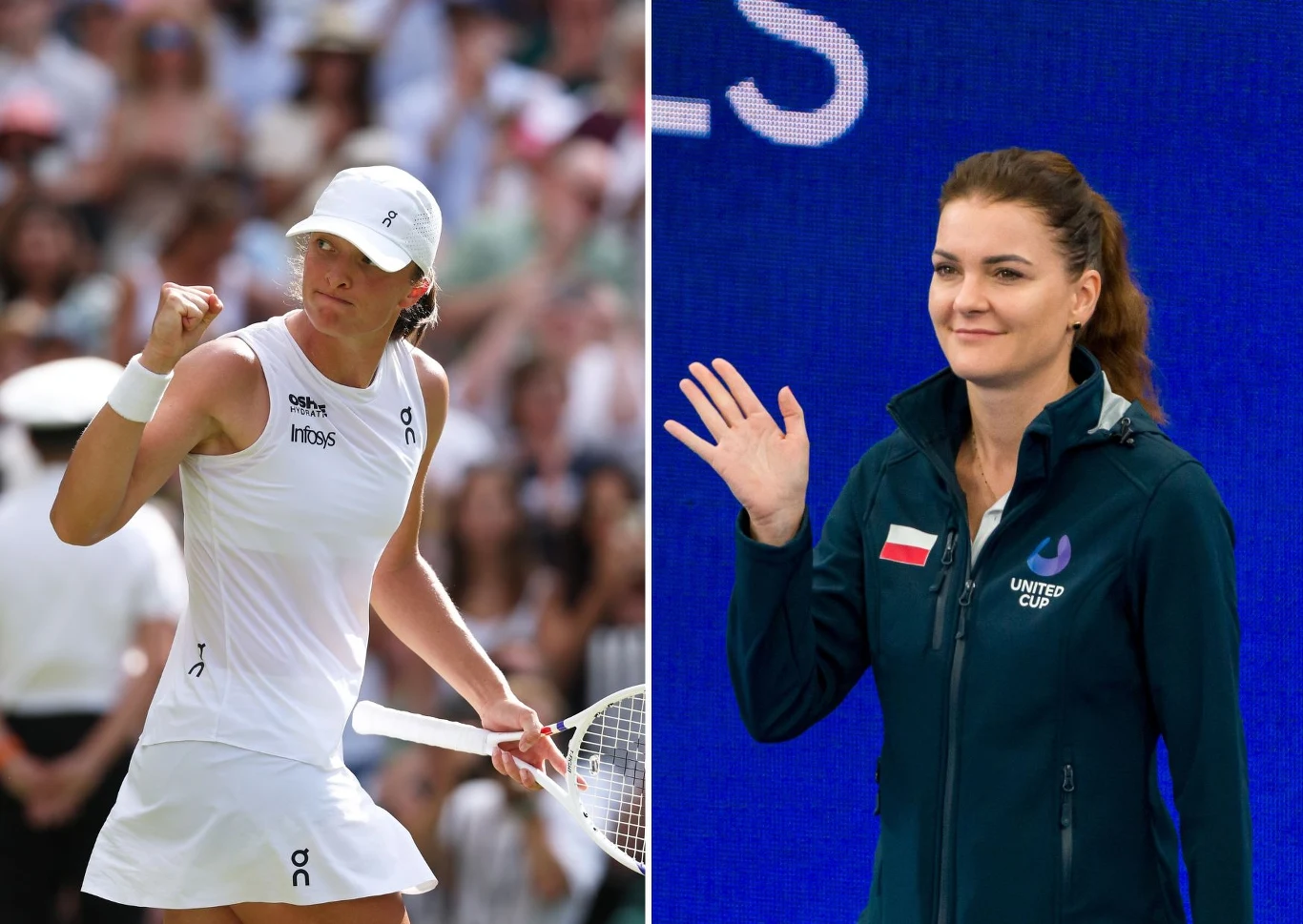 Iga Świątek (po lewej) i Agnieszka Radwańska (po prawej) Po lewej stronie kobieta w sportowym stroju tenisowym wykonująca gest zwycięstwa na korcie, w tle zamazana publiczność, po prawej stronie kobieta w ciemnej kurtce z flagą Polski, uśmiechnięta, machająca ręką na tle niebieskiego ekranu.
