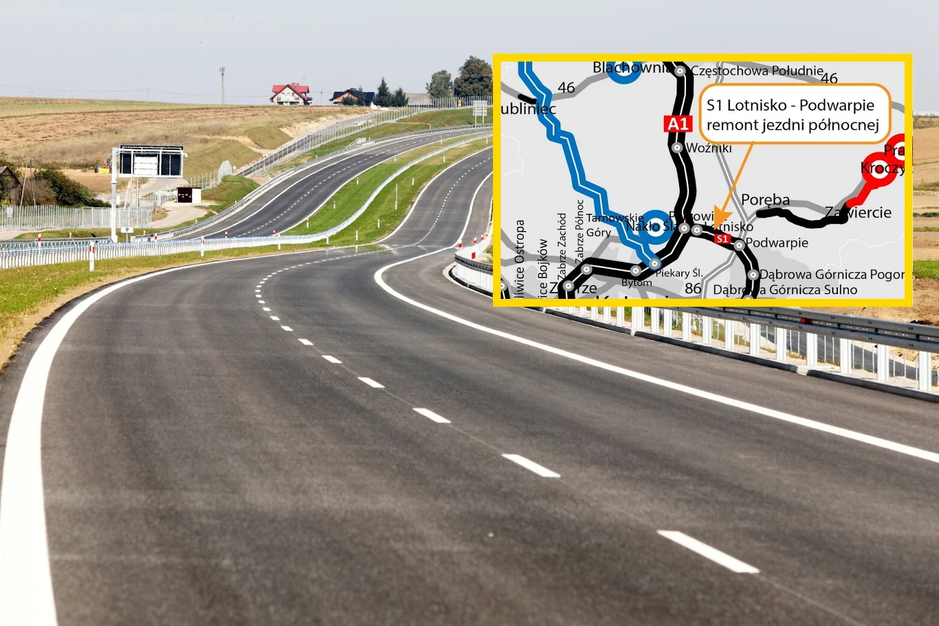 Będą utrudnienia na drodze S1 w kierunku lotniska Katowice - Pyrzowice Szeroka, pustynna droga szybkiego ruchu prowadzi przez lekko pofałdowany krajobraz, na poboczu widoczne barierki ochronne oraz kilka budynków w oddali; w prawym górnym rogu znajduje się wstawka z mapą pokazującą przebieg trasy i planowany remont odcinka.