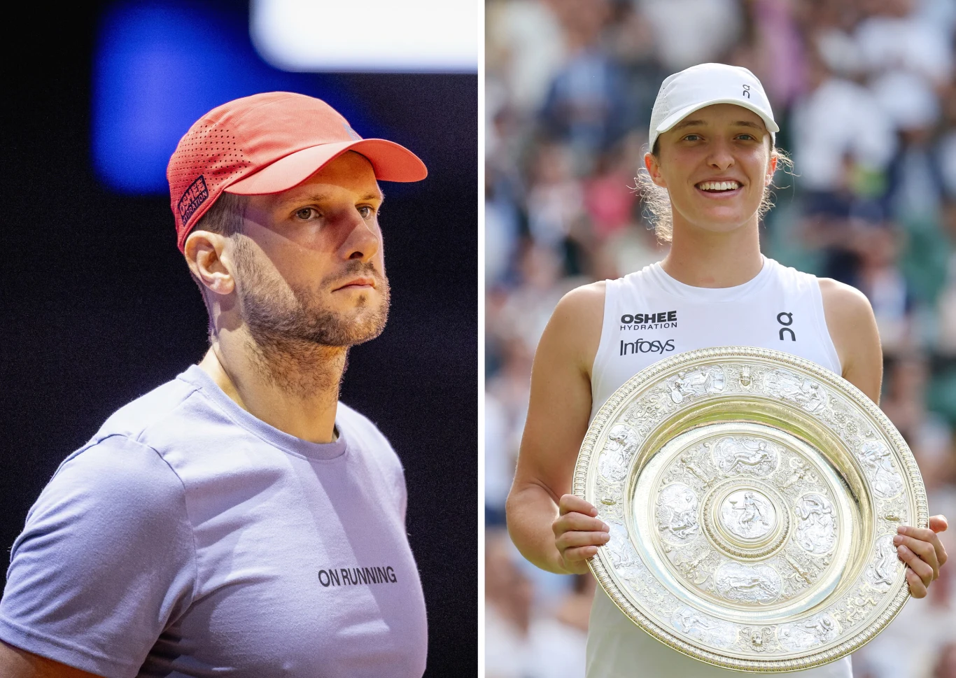 Maciej Ryszczuk (L) i Iga Świątek (P) Z lewej strony mężczyzna w czerwonej czapce z daszkiem i jasnej koszulce, z prawej strony kobieta w białej czapce oraz stroju sportowym, trzymająca dużą trofeum z uśmiechem na twarzy.