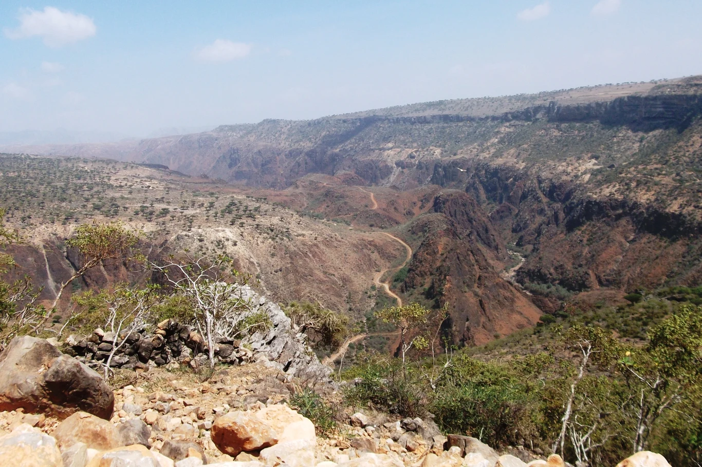 Surowe, głębokie kaniony z stromymi zboczami, rzadka roślinność, kamieniste podłoże oraz wijąca się, wąska droga przebiegająca przez środek doliny, otoczone imponującymi formacjami skalnymi pod jasnym niebem.