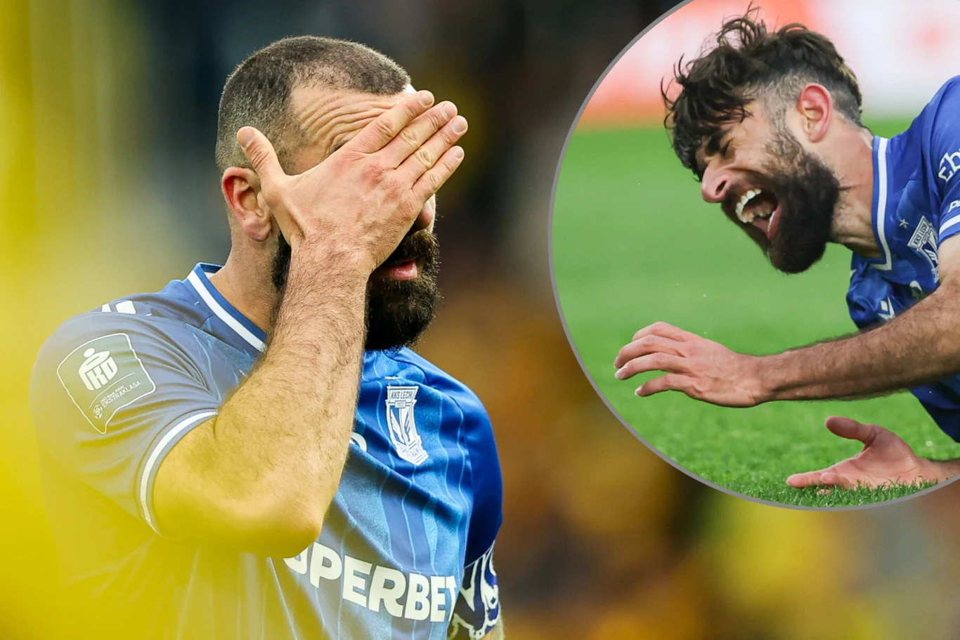 Piłkarz w niebieskiej koszulce zasłania twarz dłonią w geście rozczarowania lub frustracji, obok w okręgu zbliżenie na zawodnika leżącego na murawie, wyrażającego ból.