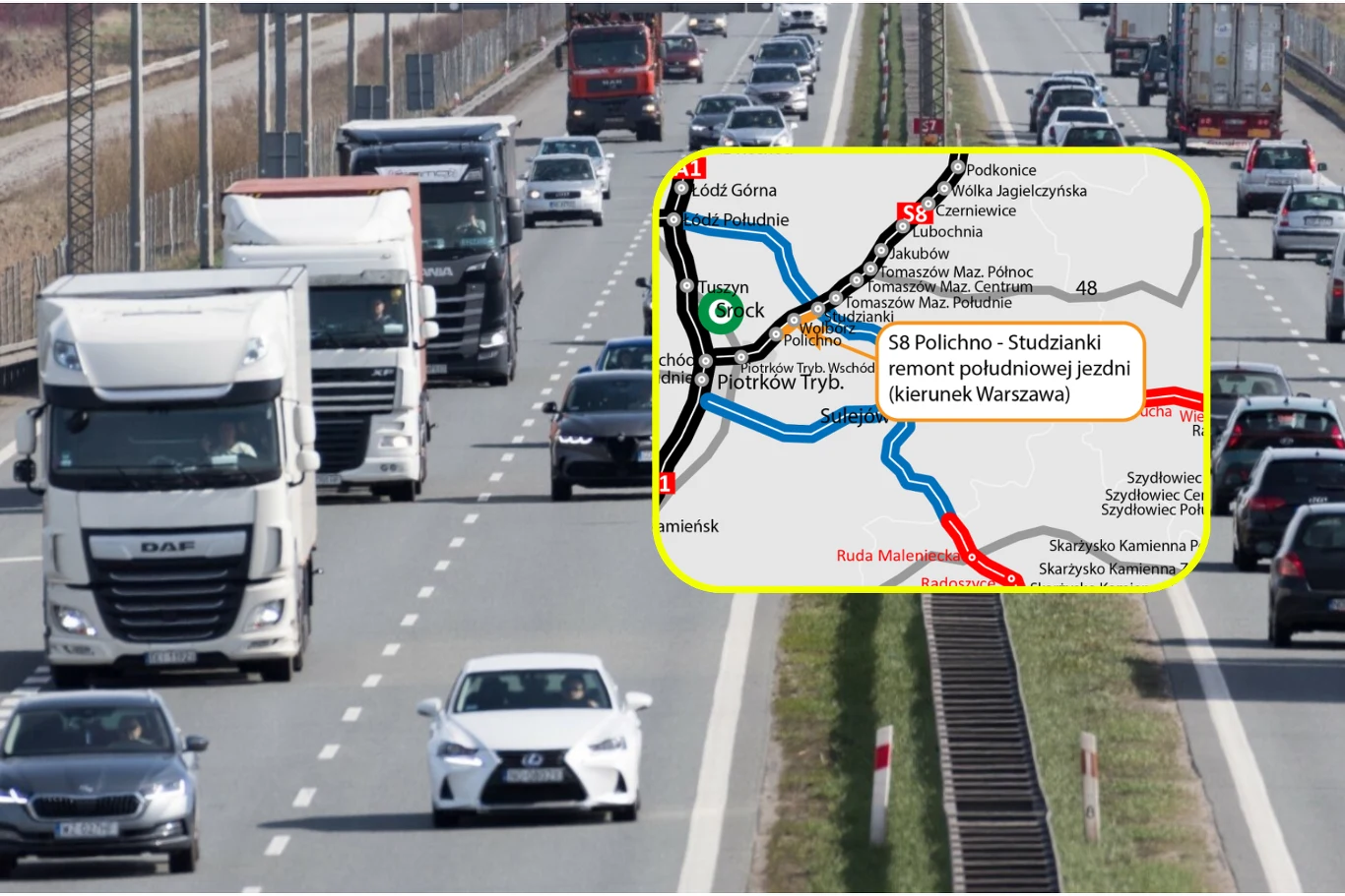 15 lipca rozpocznie się remont betonowego odcinka S8 o długości 9 kilometrów. Ruchliwa autostrada z licznymi samochodami osobowymi i ciężarowymi, na środku zdjęcia znajduje się wstawka z mapą obrazującą remontowany odcinek drogi S8 w kierunku Warszawy
